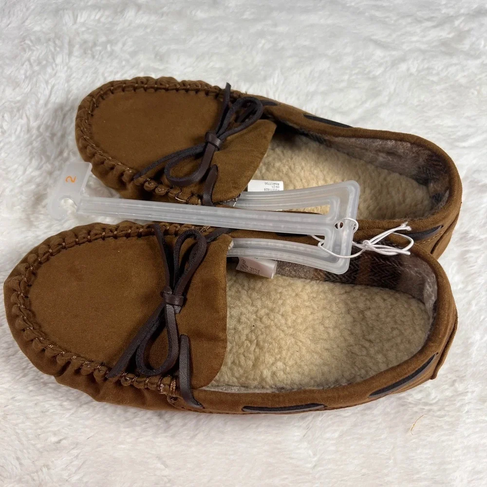 Cat &‎ Jack Kids Moccasin Slippers Brown Size 2 Sherpa Lined Cozy
